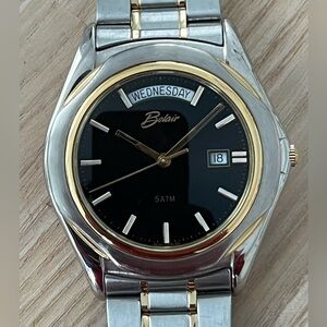 Belair Rare Vintage Luxury Watch Black Dial Day Date Windows Two-Tone Bracelet
